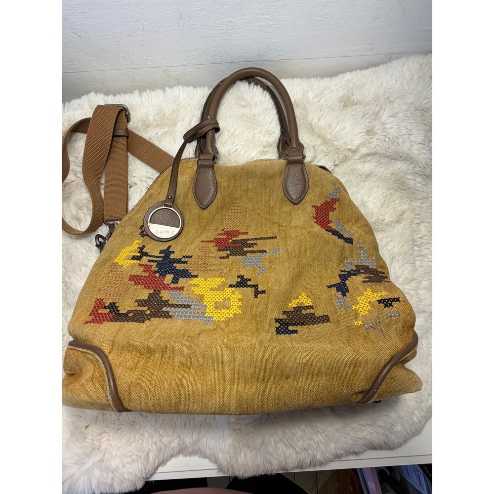 Vintage Boho Embroidered Canvas Satchel Bag Yellow Red Cross Stitch Y2K Slouchy